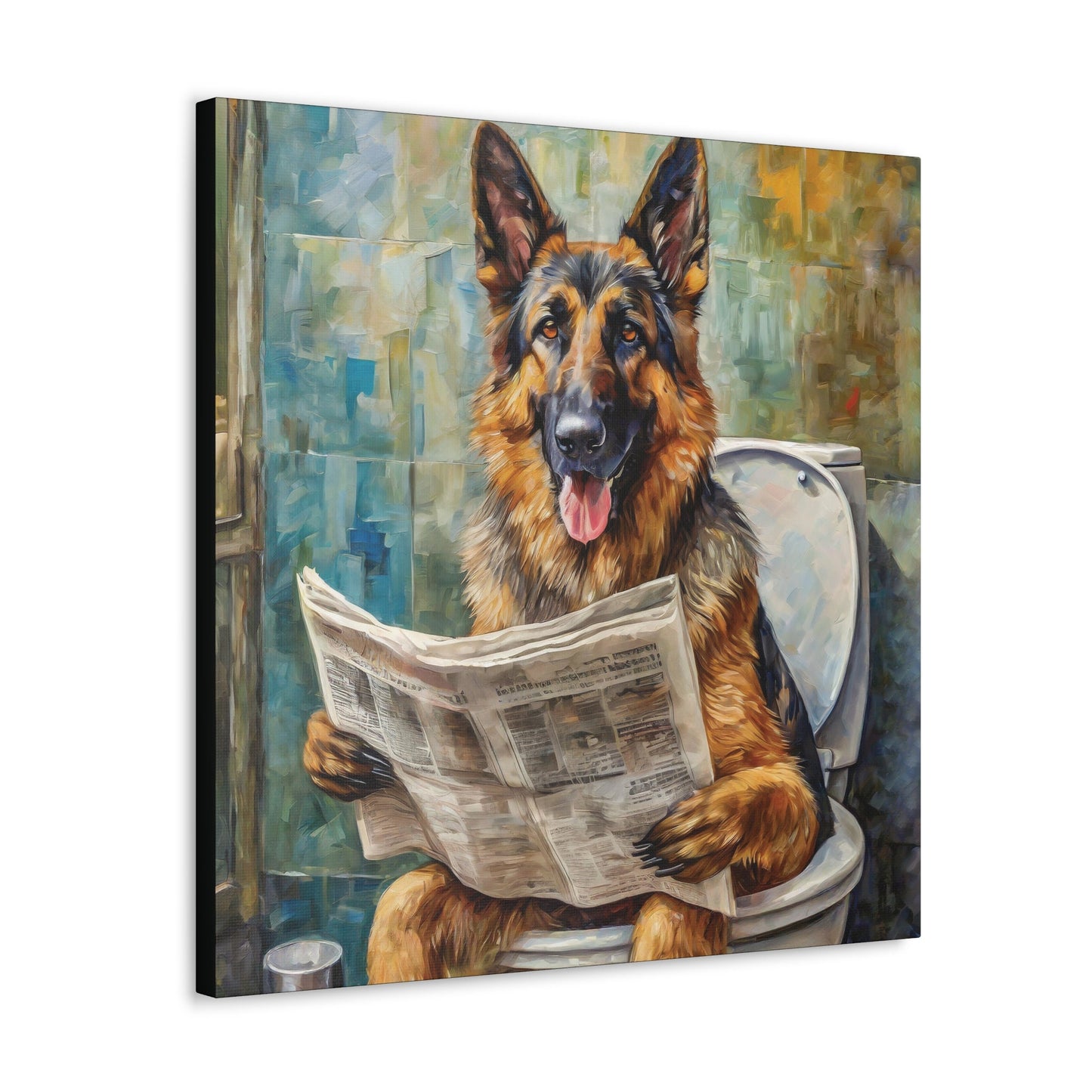 Frameless Canvas Print, Poopin' German Shepherd, 30x30, 24x24, 20x20, 16x16, Bathroom Picture, Bulldog Art, Gift for German Shepherd Lovers