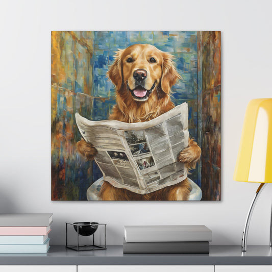 Frameless Canvas Print Wall Art, Poopin' Golden Retriever, 30x30, 24x24, 20x20, 16x16, Bathroom Picture, Bathroom Art, Gift for Dog Lovers