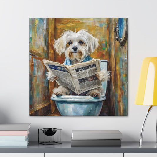 Frameless Canvas Print, Poopin' Maltese, 30x30, 24x24, 20x20, 16x16, Bathroom Picture, Bathroom Art, Gift for Dog Lovers, Dog Art