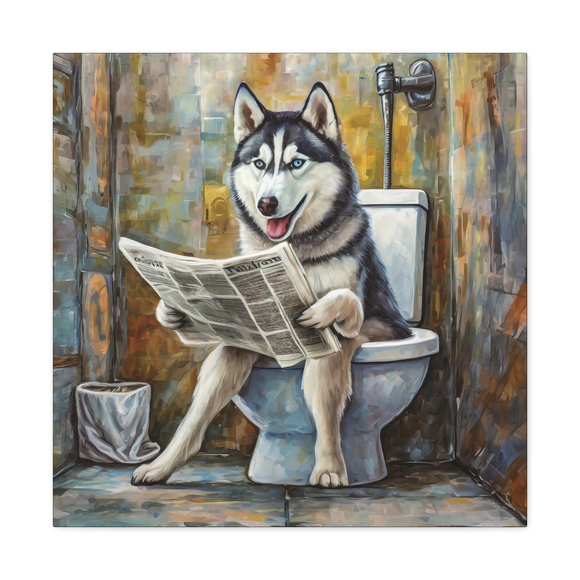 Frameless Canvas Print, Poopin' Husky, 30x30, 24x24, 20x20, 16x16, Bathroom Picture, Bathroom Art, Gift for Dog Lovers, Dog Art