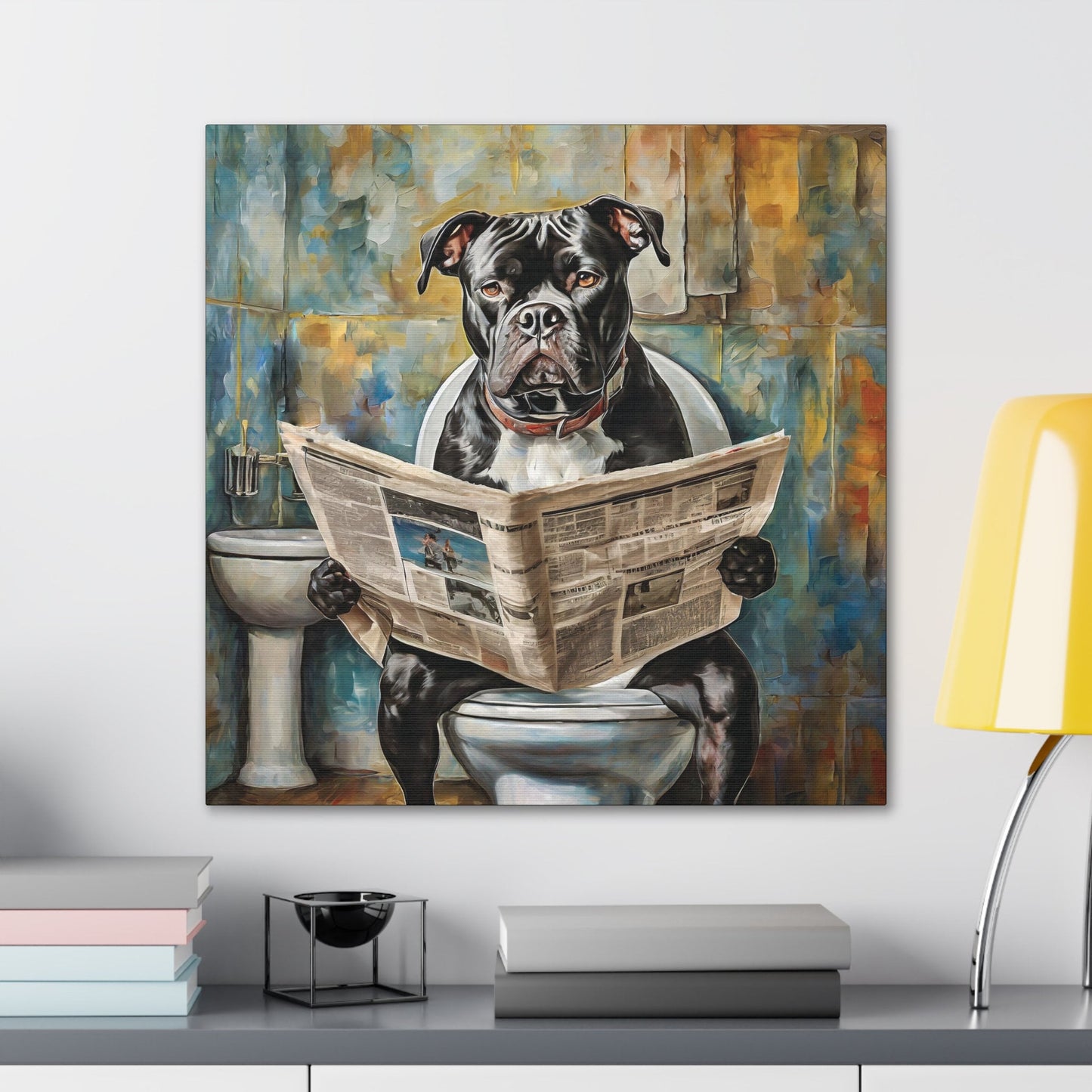 Frameless Canvas Print, Poopin' American Bulldog, Pitbull, 30x30, 24x24, 20x20, 16x16, Bathroom Picture, Bathroom Art