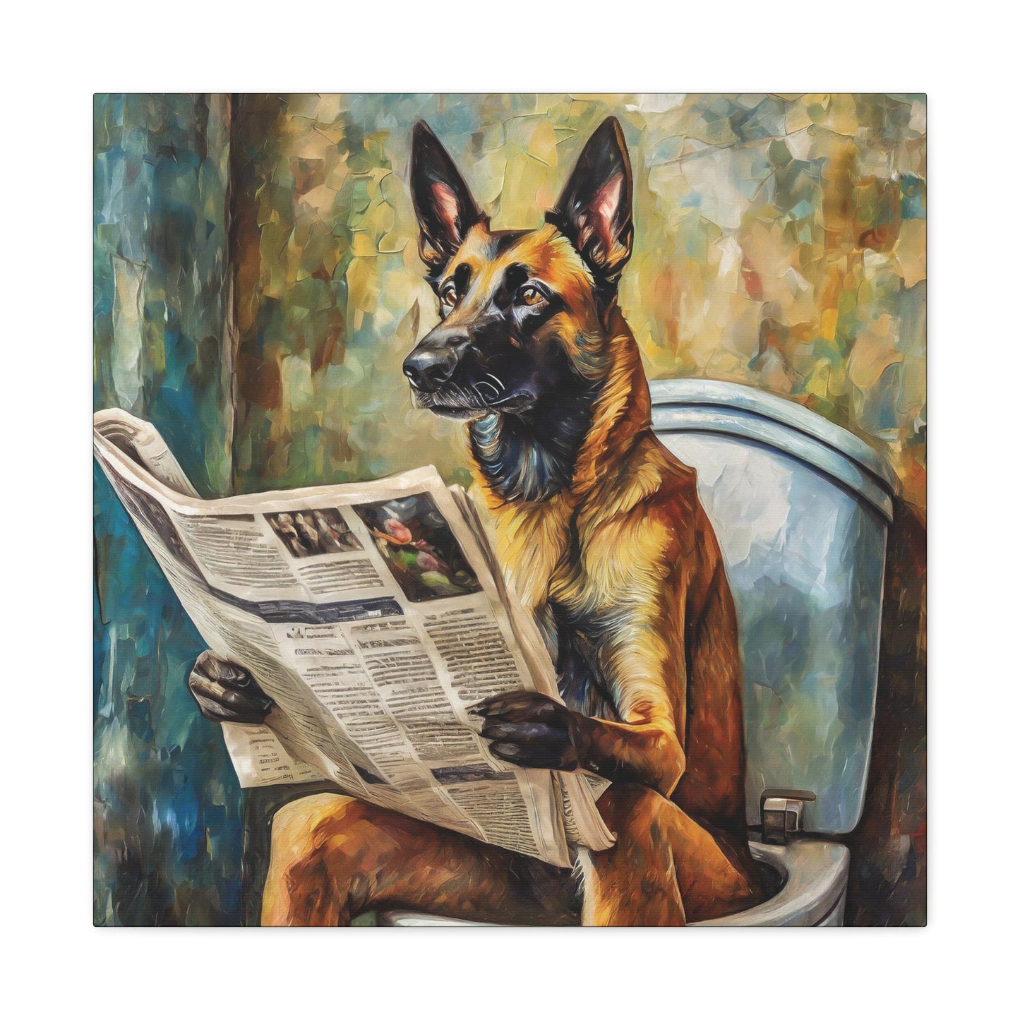 Frameless Canvas Print, Poopin' Belgian Malinois, 30x30, 24x24, 20x20, 16x16, Bathroom Picture, Bathroom Art, Gift for Dog Lovers