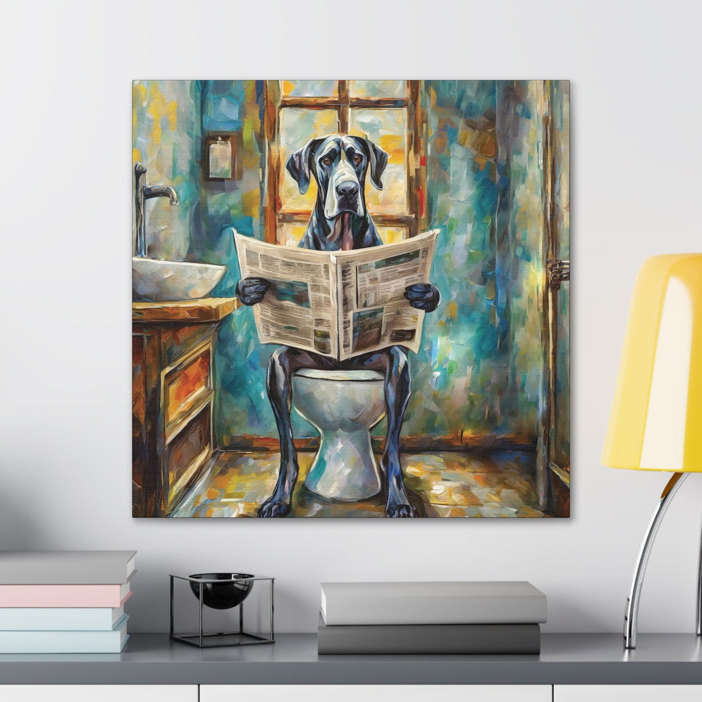 Frameless Canvas Print, Poopin' Great Dane, 30x30, 24x24, 20x20, 16x16, Bathroom Picture, Bathroom Art, Gift for Dog Lovers