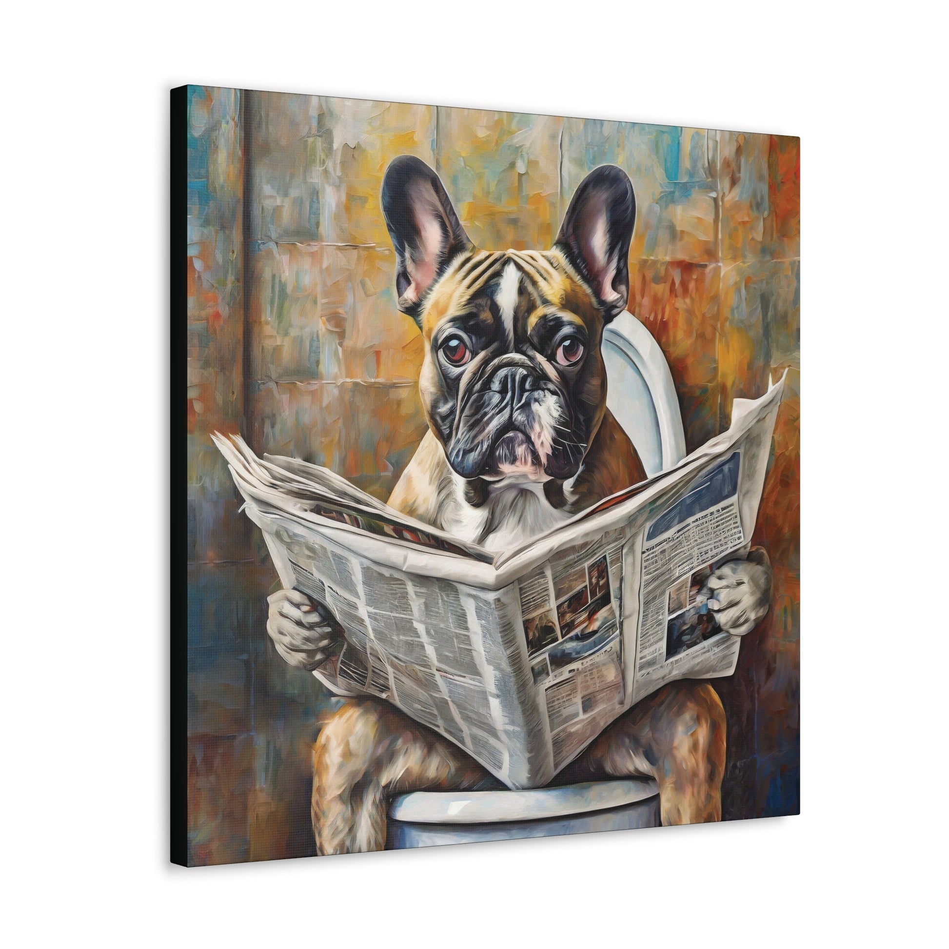 Frameless Canvas Print, Poopin' French Bulldog, Frenchie, 30x30, 24x24, 20x20, 16x16, Bathroom Art, Gift for Dog Lovers