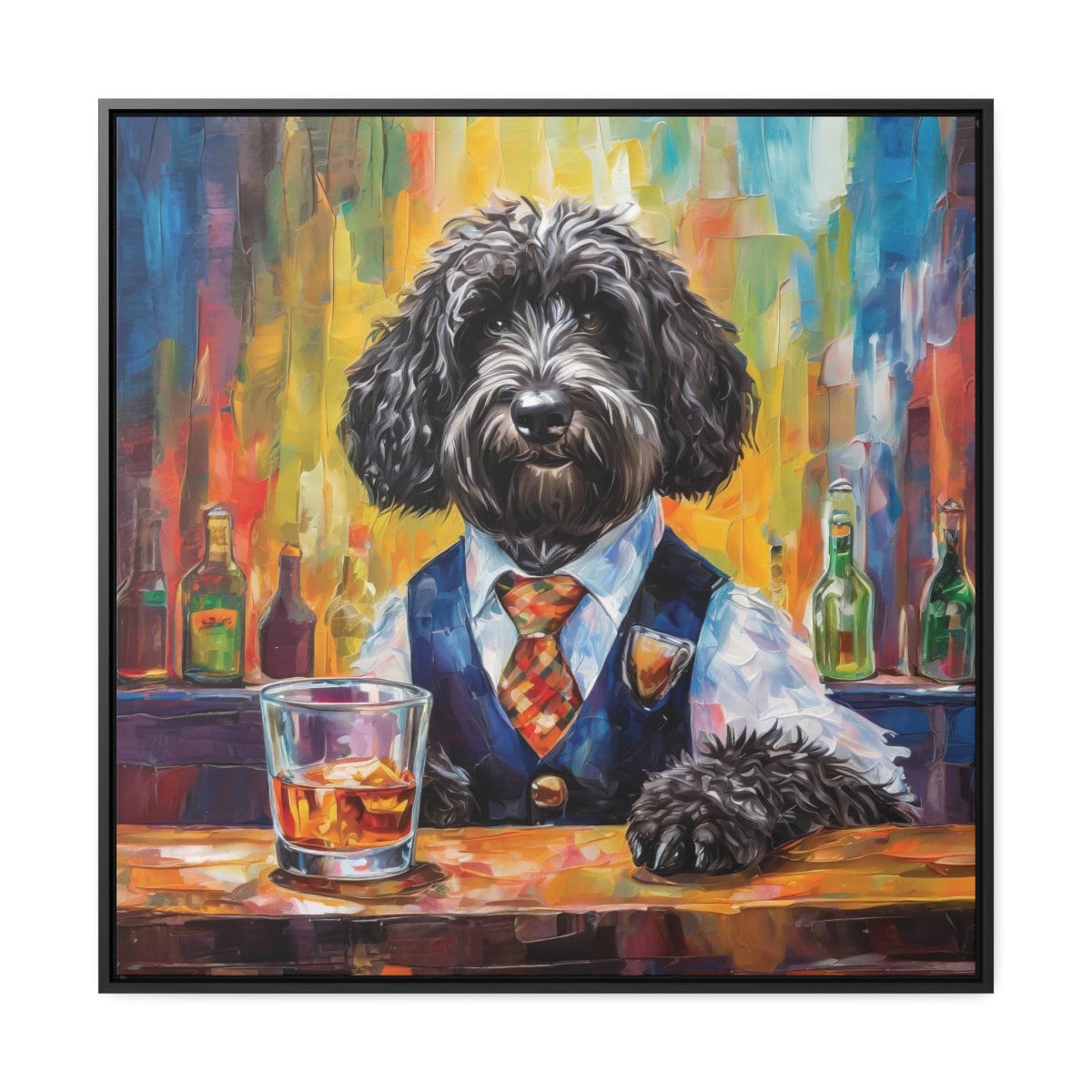 Framed Canvas Print Black Whiskey Doodle, 30x30, 24x24, 20x20, 16x16, Bathroom Picture, Bathroom Art, Gift for Dog Lovers, Dog Art, Wall Art