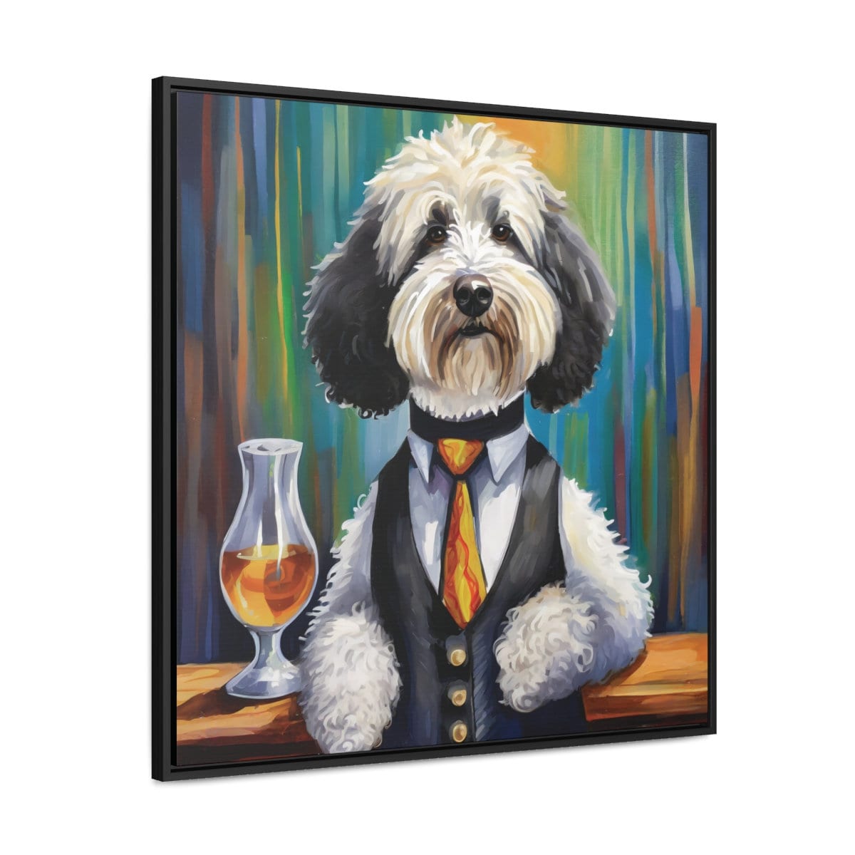 Framed Canvas Print Wall Art Whiskey Sheepadoodle, 30x30, 24x24, 20x20, 16x16, Walnut and Black Frame, Sheepadoodle Art, Gift for Dog Lovers