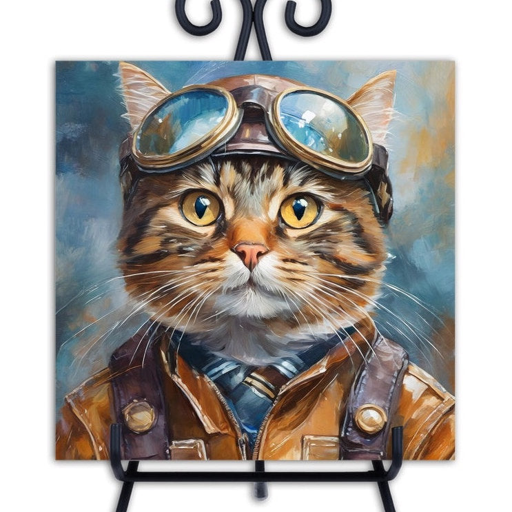 Tabby Cat Pilot. Trivet for Hot Dishes. 6"x6" Hot Plate. Cat Decor. Cat Art. Cat gifts. Gifts for Cat Lovers.