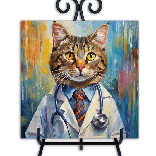 Tabby Cat Doctor, Nurse. Trivet for Hot Dishes. 6"x6" Hot Plate. Cat Decor. Cat Art. Cat gifts. Gifts for Cat Lovers.