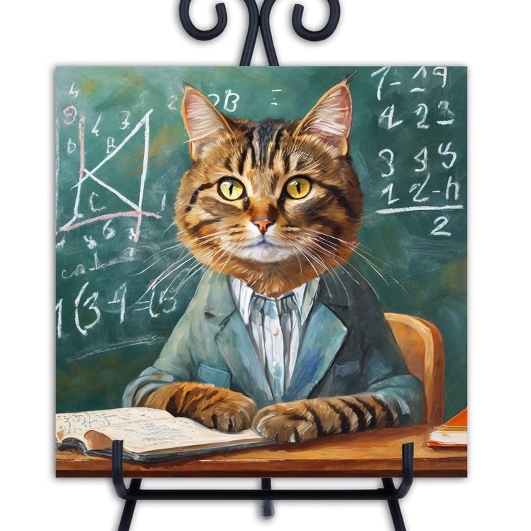 Tabby Cat Teacher, Professor. Trivet for Hot Dishes. 6"x6" Hot Plate. Cat Decor. Cat Art. Cat gifts. Gifts for Cat Lovers.