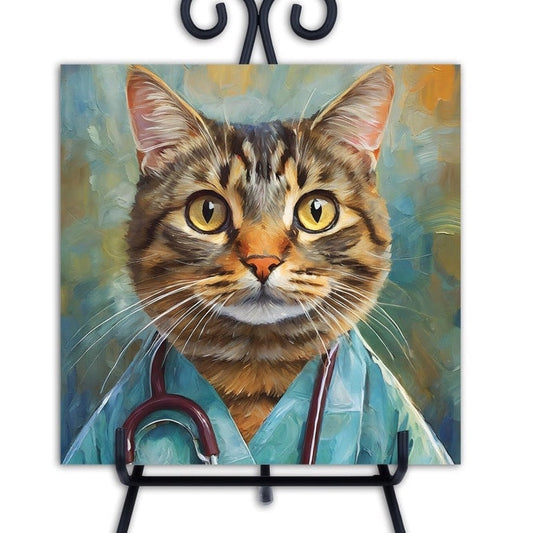 Tabby Cat Doctor, Nurse. Trivet for Hot Dishes. 6"x6" Hot Plate. Cat Decor. Cat Art. Cat gifts. Gifts for Cat Lovers.