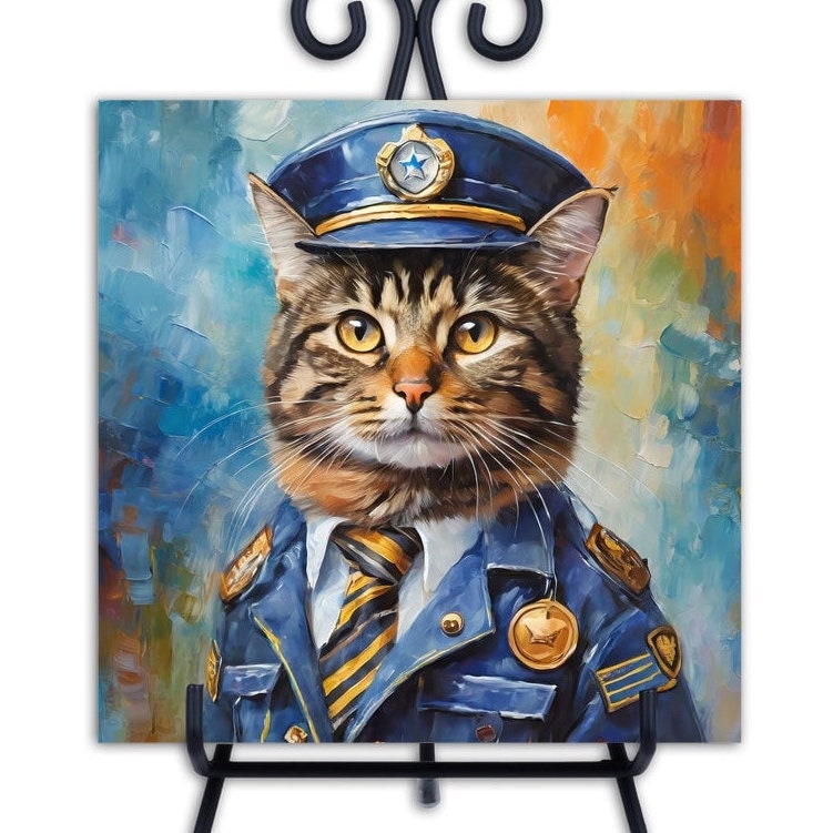 Tabby Cat Police Officer. Trivet for Hot Dishes. 6"x6" Hot Plate. Cat Decor. Cat Art. Cat gifts. Gifts for Cat Lovers.