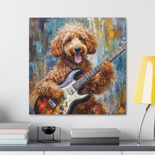 Frameless Canvas Print Wall Art, Goldendoodle Playing Electric Guitar, 30x30, 24x24, 20x20, 16x16, Goldendoodle Art, Gift for Dog Lovers