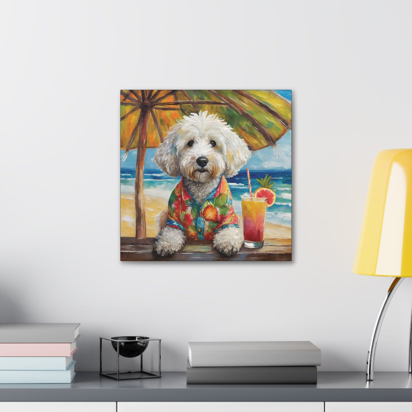 Frameless Canvas Print Wall Art, Tropical Beach Doodle, 30x30, 24x24, 20x20, 16x16, Doodle Art, Dog Art, Gift for Dog Lovers