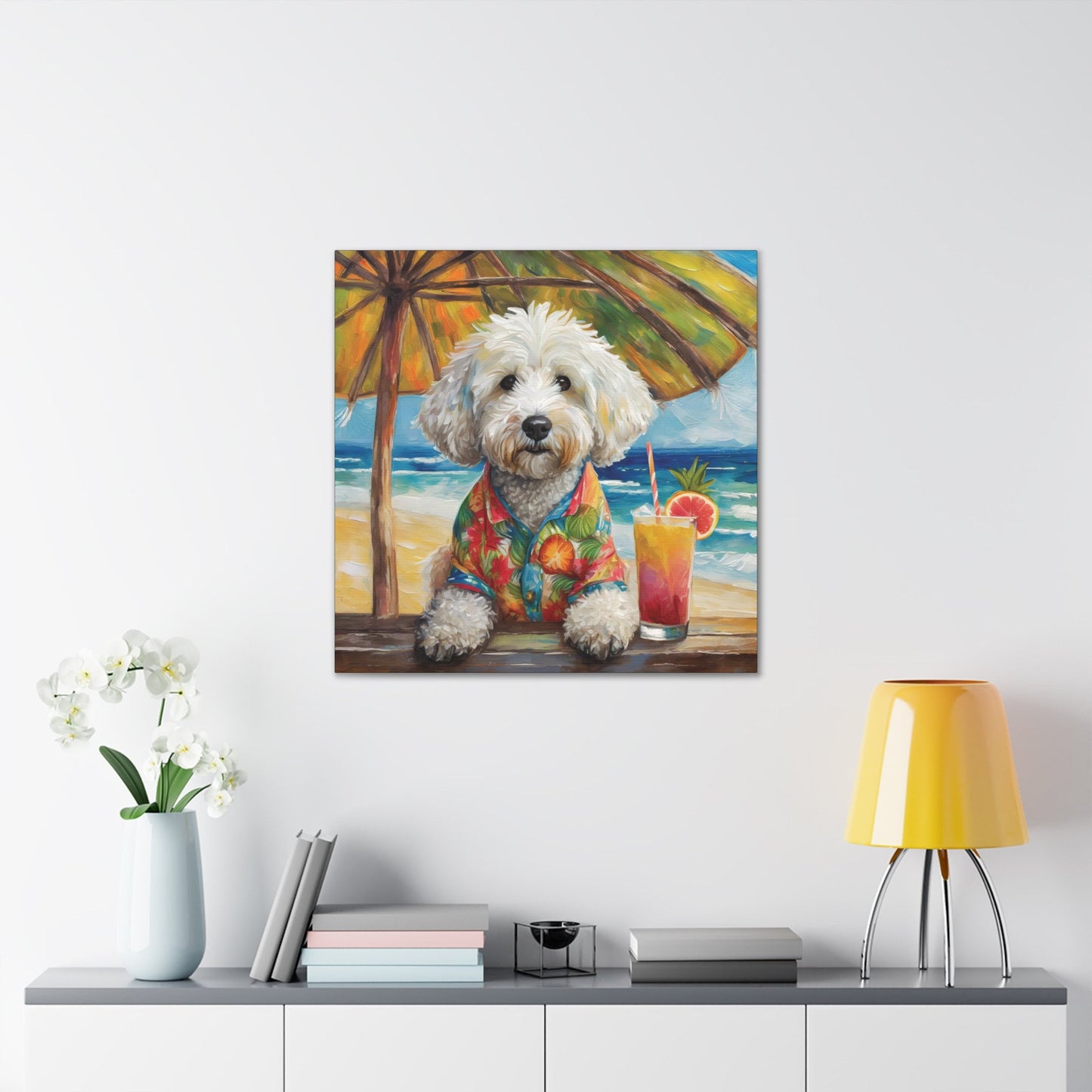 Frameless Canvas Print Wall Art, Tropical Beach Doodle, 30x30, 24x24, 20x20, 16x16, Doodle Art, Dog Art, Gift for Dog Lovers