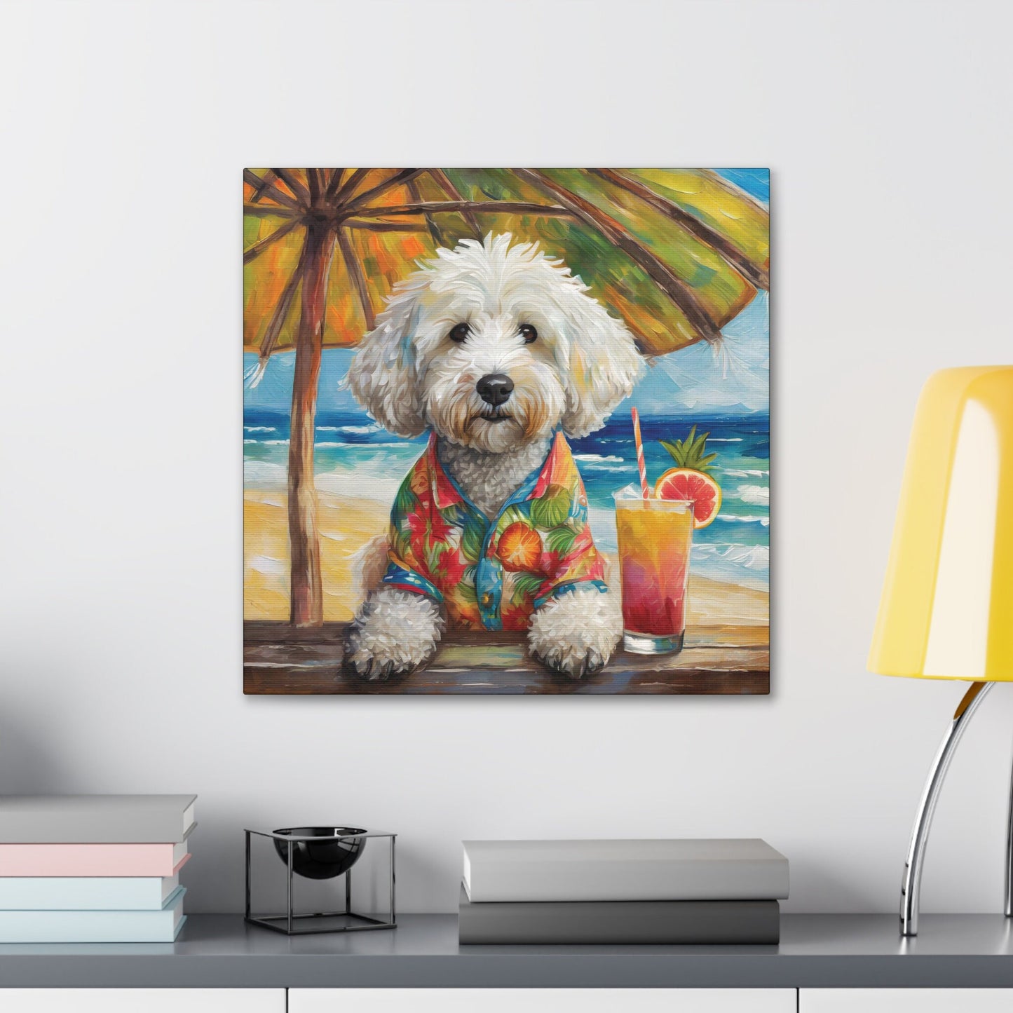 Frameless Canvas Print Wall Art, Tropical Beach Doodle, 30x30, 24x24, 20x20, 16x16, Doodle Art, Dog Art, Gift for Dog Lovers