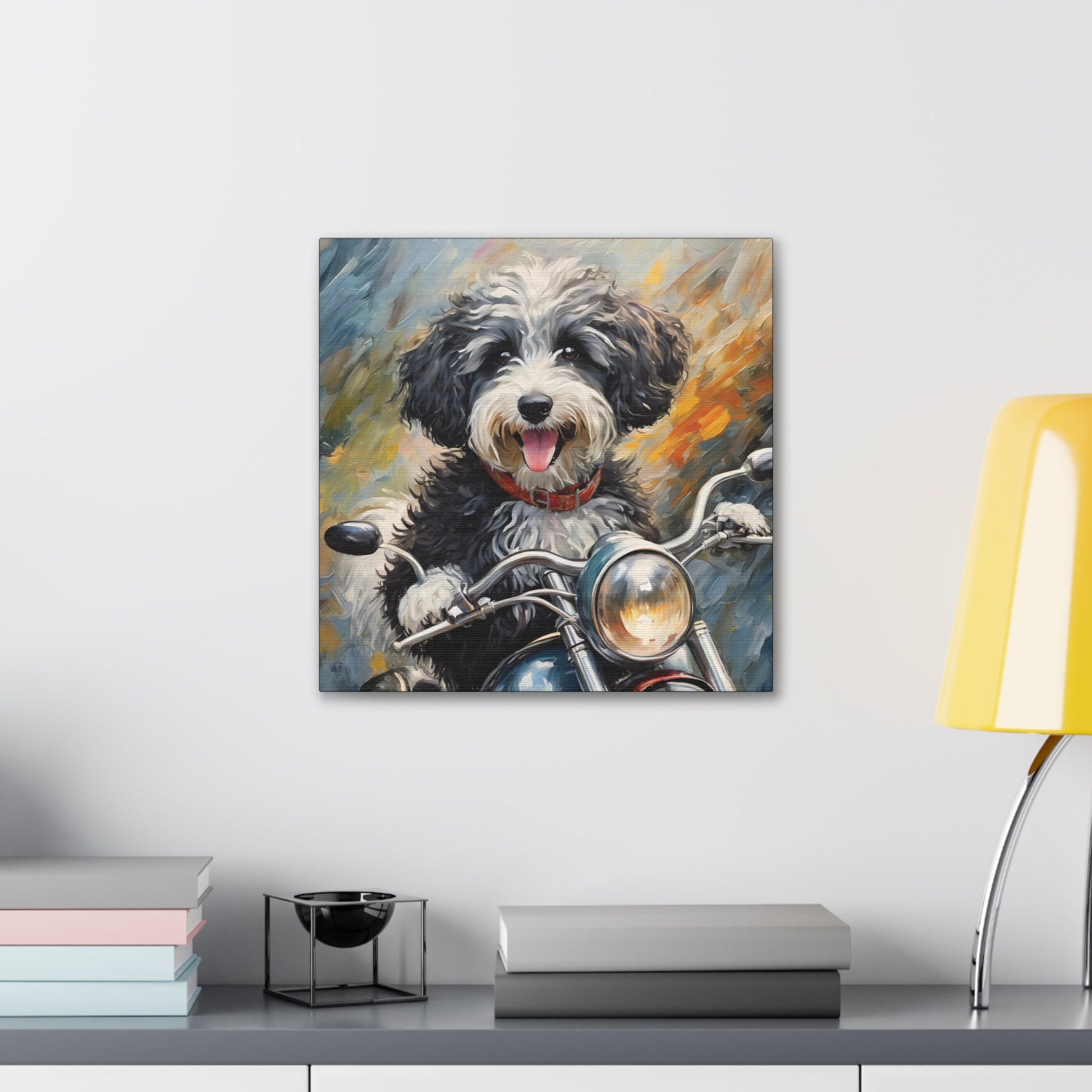 Frameless Canvas Print Wall Art, Motorcycle Sheepadoodle, 30x30, 24x24, 20x20, 16x16, Sheepadoodle Art, Gift for Dog Lovers