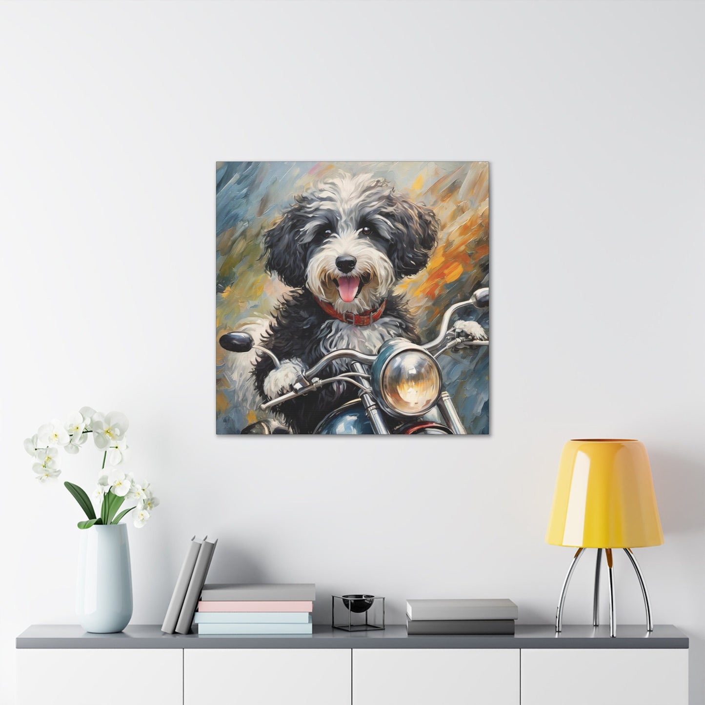 Frameless Canvas Print Wall Art, Motorcycle Sheepadoodle, 30x30, 24x24, 20x20, 16x16, Sheepadoodle Art, Gift for Dog Lovers