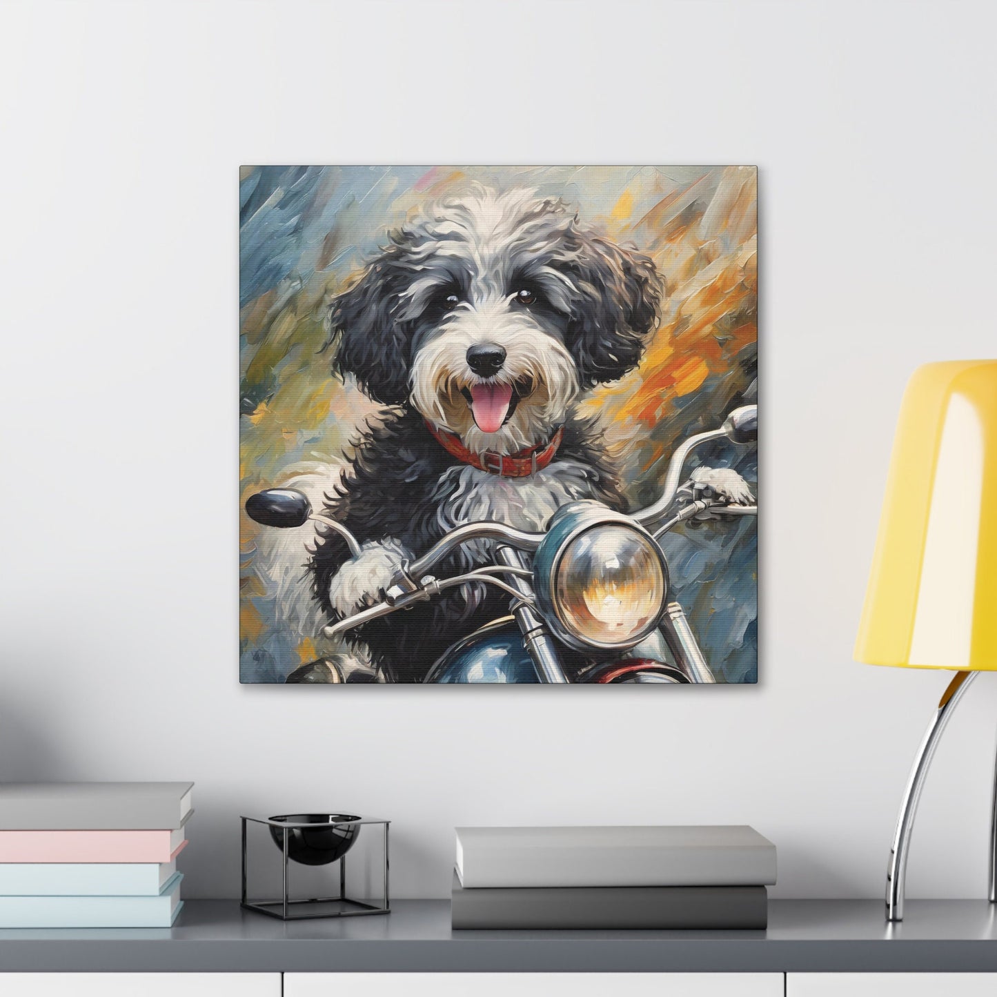 Frameless Canvas Print Wall Art, Motorcycle Sheepadoodle, 30x30, 24x24, 20x20, 16x16, Sheepadoodle Art, Gift for Dog Lovers