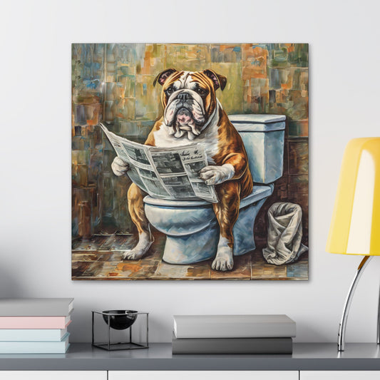 Frameless Canvas Print Wall Art, Poopin' Bulldog, 30x30, 24x24, 20x20, 16x16, Bathroom Picture, Bulldog Art, Gift for Bulldog Lovers