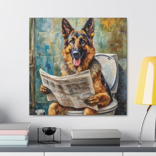 Frameless Canvas Print, Poopin' German Shepherd, 30x30, 24x24, 20x20, 16x16, Bathroom Picture, Bulldog Art, Gift for German Shepherd Lovers