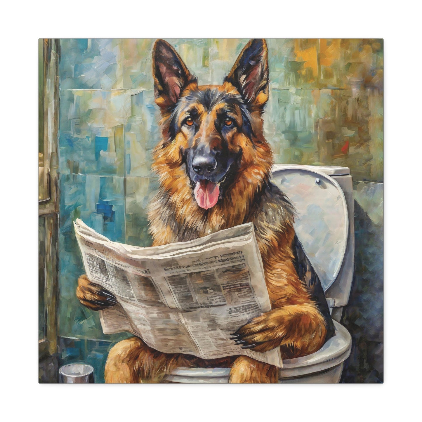 Frameless Canvas Print, Poopin' German Shepherd, 30x30, 24x24, 20x20, 16x16, Bathroom Picture, Bulldog Art, Gift for German Shepherd Lovers