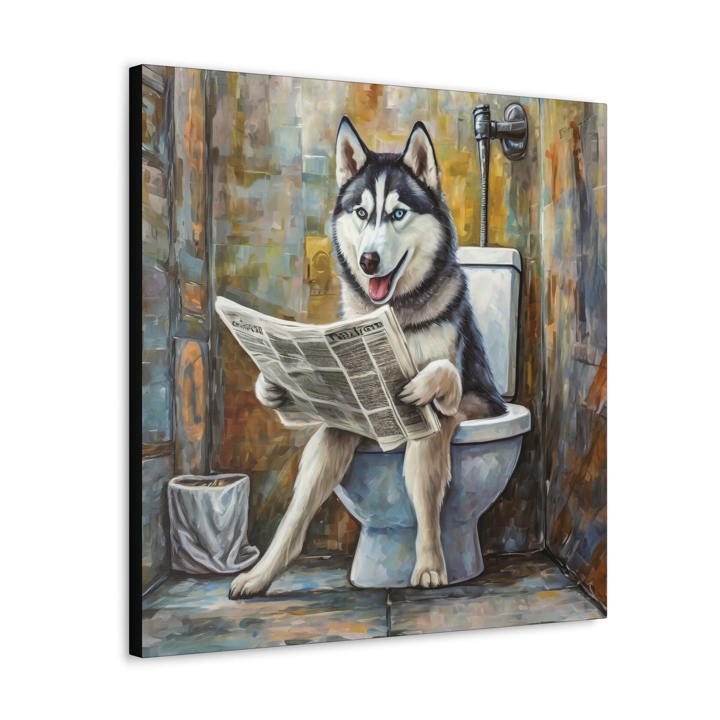 Frameless Canvas Print, Poopin' Husky, 30x30, 24x24, 20x20, 16x16, Bathroom Picture, Bathroom Art, Gift for Dog Lovers, Dog Art