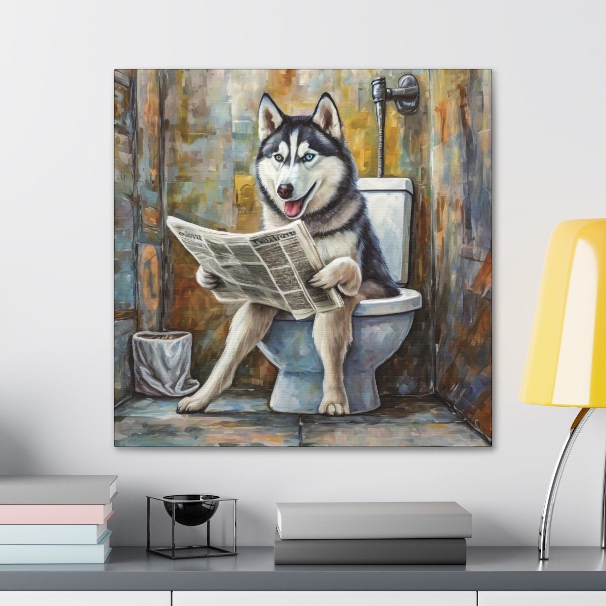 Frameless Canvas Print, Poopin' Husky, 30x30, 24x24, 20x20, 16x16, Bathroom Picture, Bathroom Art, Gift for Dog Lovers, Dog Art