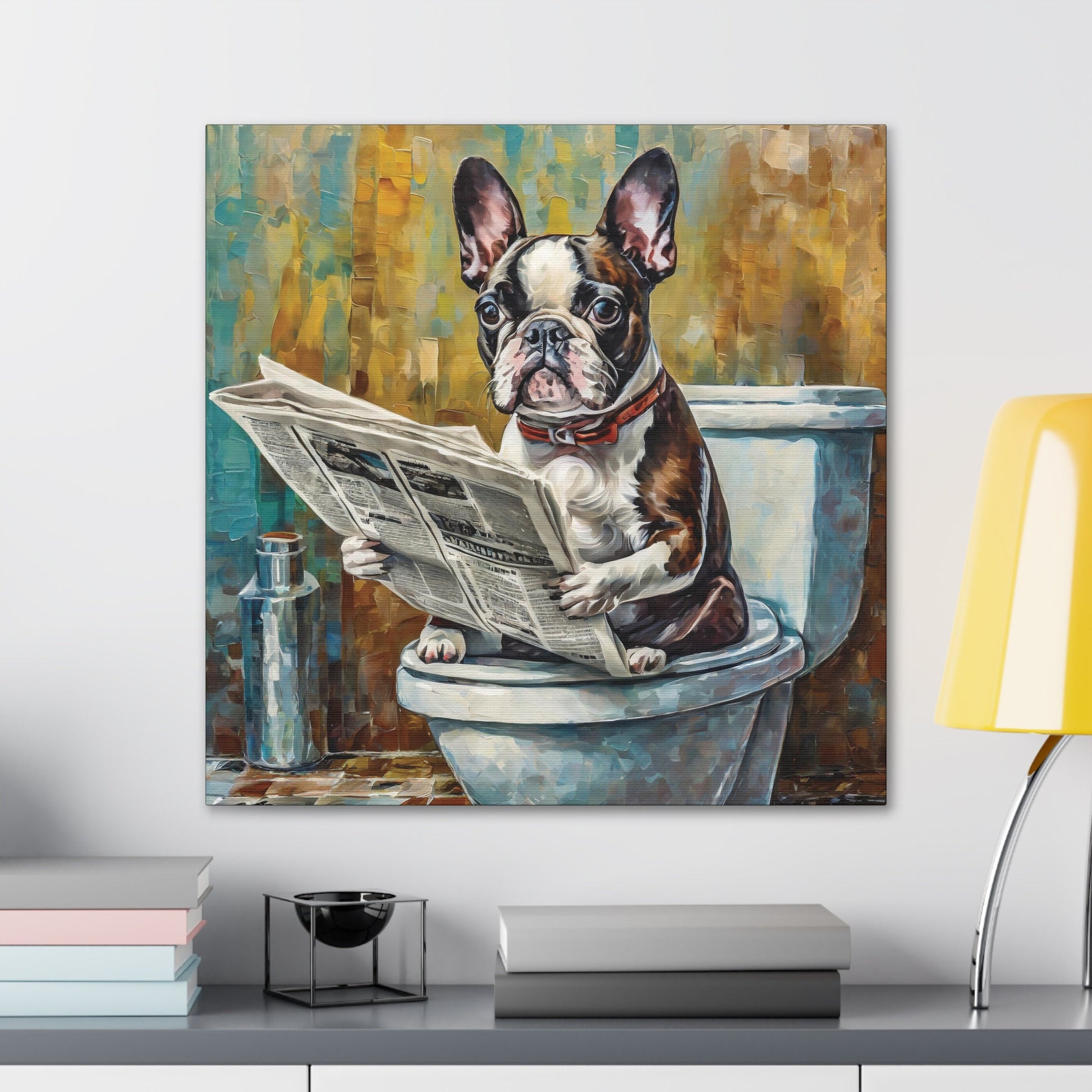 Frameless Canvas Print, Poopin' Boston Terrier, 30x30, 24x24, 20x20, 16x16, Bathroom Picture, Bathroom Art, Gift for Dog Lovers, Dog Art