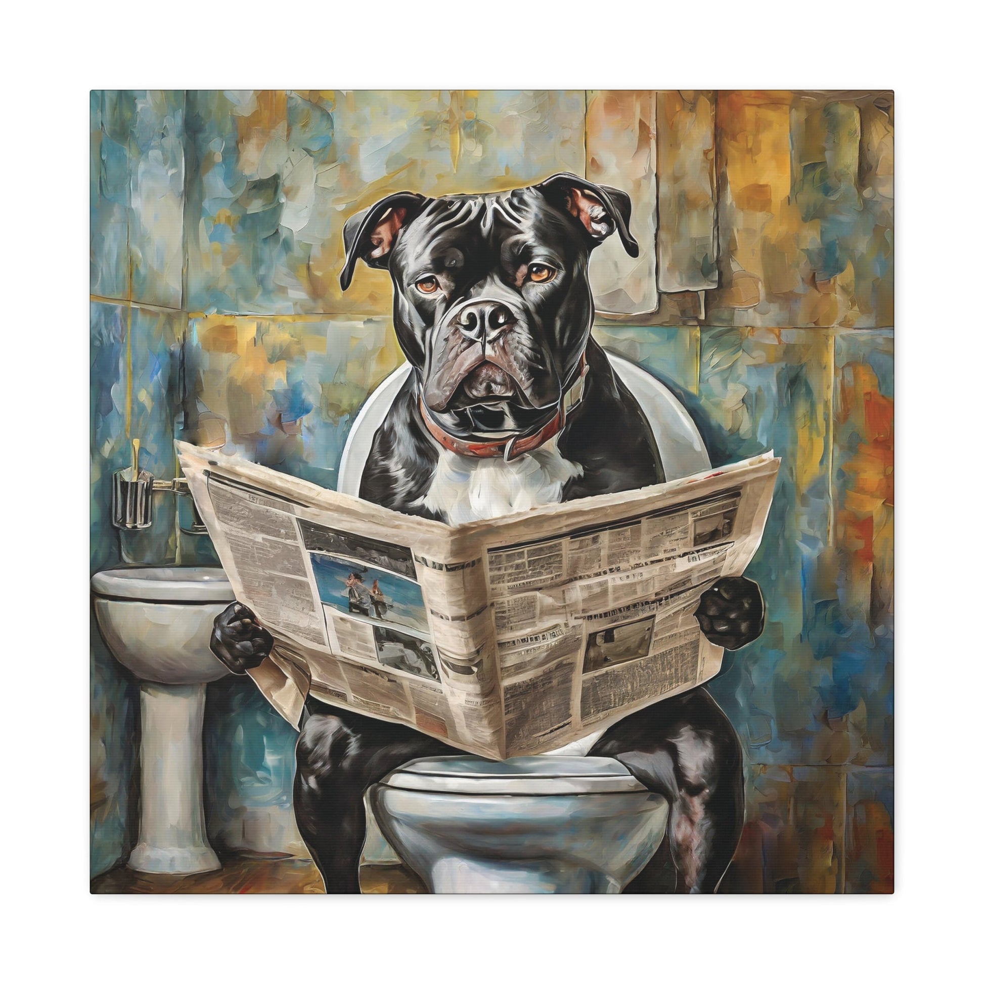 Frameless Canvas Print, Poopin' American Bulldog, Pitbull, 30x30, 24x24, 20x20, 16x16, Bathroom Picture, Bathroom Art