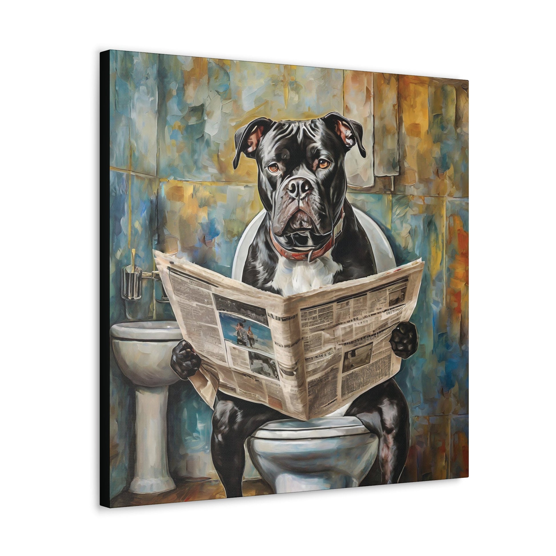 Frameless Canvas Print, Poopin' American Bulldog, Pitbull, 30x30, 24x24, 20x20, 16x16, Bathroom Picture, Bathroom Art