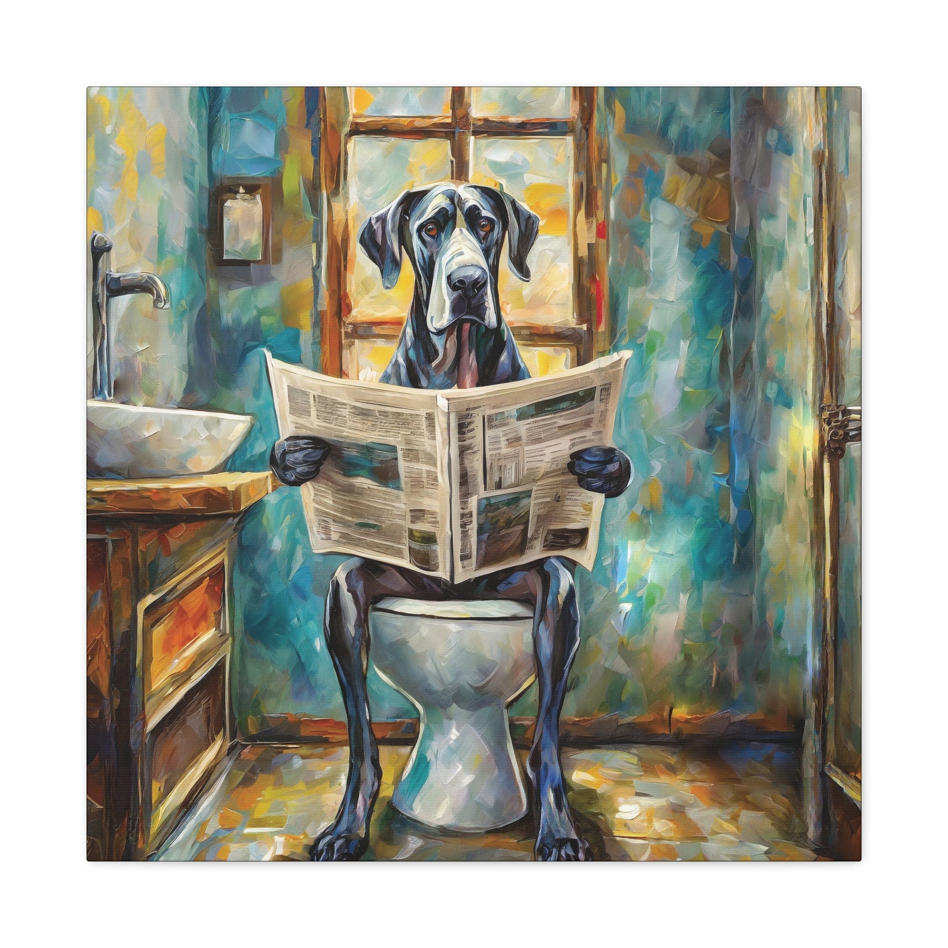 Frameless Canvas Print, Poopin' Great Dane, 30x30, 24x24, 20x20, 16x16, Bathroom Picture, Bathroom Art, Gift for Dog Lovers