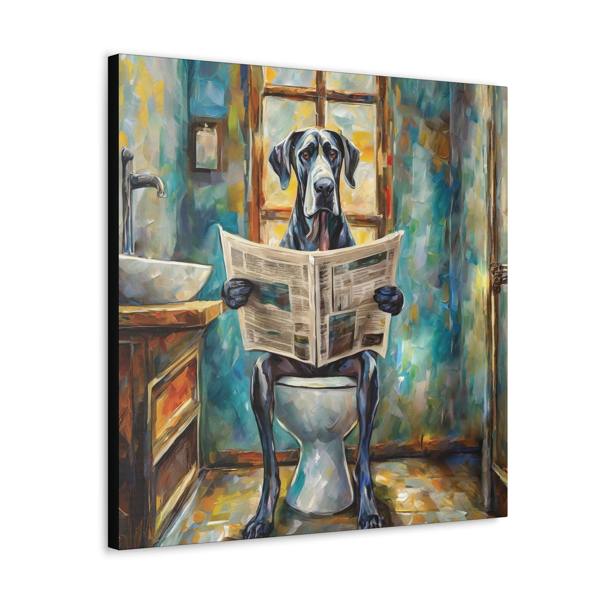 Frameless Canvas Print, Poopin' Great Dane, 30x30, 24x24, 20x20, 16x16, Bathroom Picture, Bathroom Art, Gift for Dog Lovers