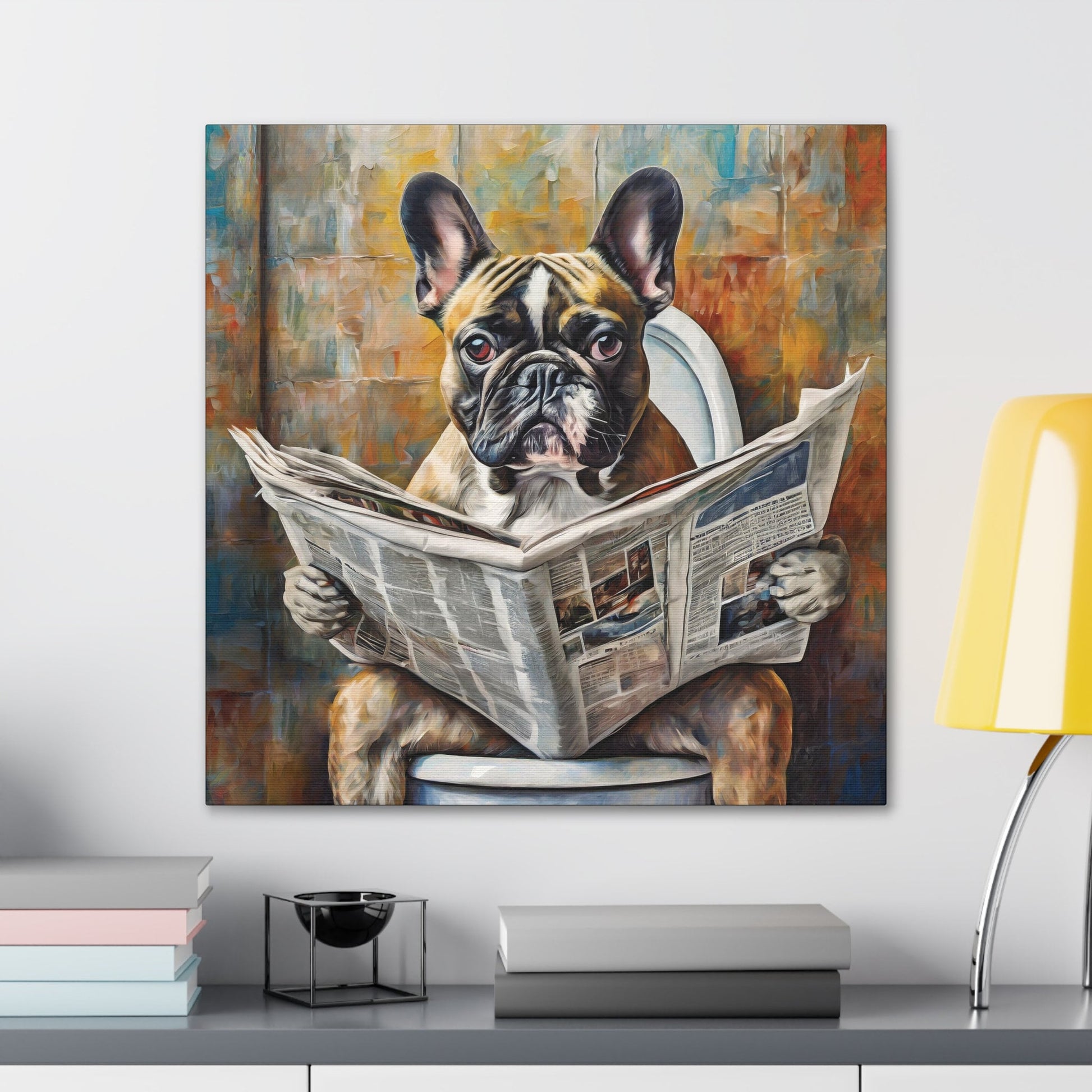 Frameless Canvas Print, Poopin' French Bulldog, Frenchie, 30x30, 24x24, 20x20, 16x16, Bathroom Art, Gift for Dog Lovers