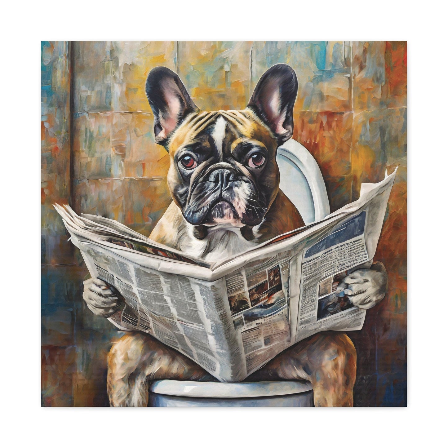 Frameless Canvas Print, Poopin' French Bulldog, Frenchie, 30x30, 24x24, 20x20, 16x16, Bathroom Art, Gift for Dog Lovers