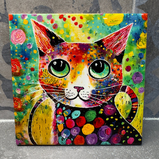 Colorful Cat Trivet. Cat Picture. Hot Plate. 6"x6" Trivet. Cat Coaster. Cat Decor. Kitchen Decor. Cat Art. Kitty Cat Decor.